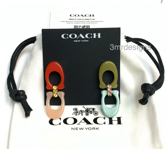 NWT COACH Signature C Logo 12-K Gold Plated Glass Crystals Resin Drop Earrings - Picture 9 of 10
